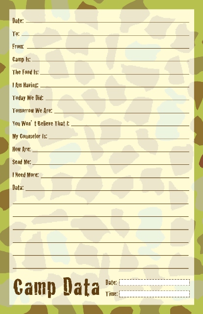 Green Camo Camp Data--Fill In Memo Pads (Camp Stationery)