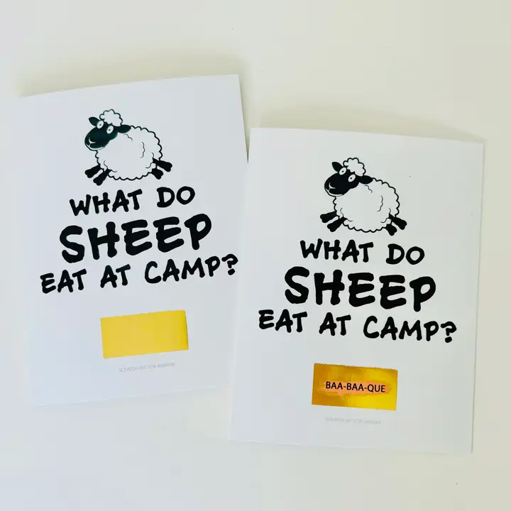 SCRATCH OFF GREETING CARD-WHAT DO SHEEP DO AT CAMP