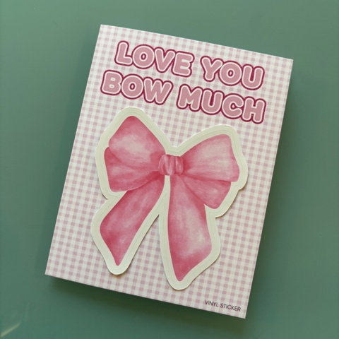 PINK BOW-STICKER FOLDED NOTECARD-