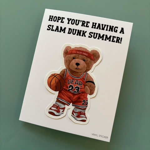 BASKETBALL BEAR-STICKER FOLDED NOTECARD