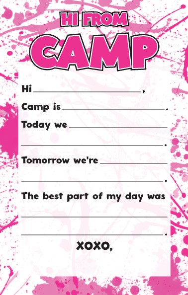 CAMP NOTEPAD--FILL IN PINK SPLATTER CAMP STATIONERY