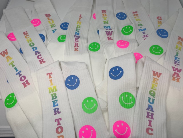 SMILEY TIE DYE CAMP NAME SOCKS CUSTOM