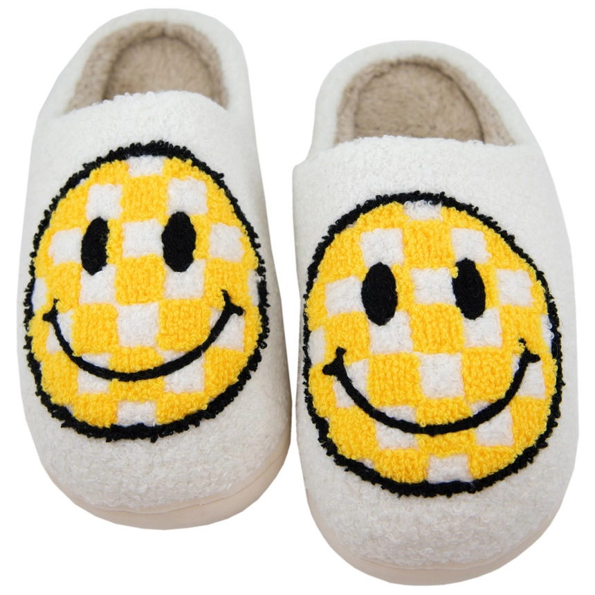 SLIPPERS YELLOW CHECKERED HAPPY FACE