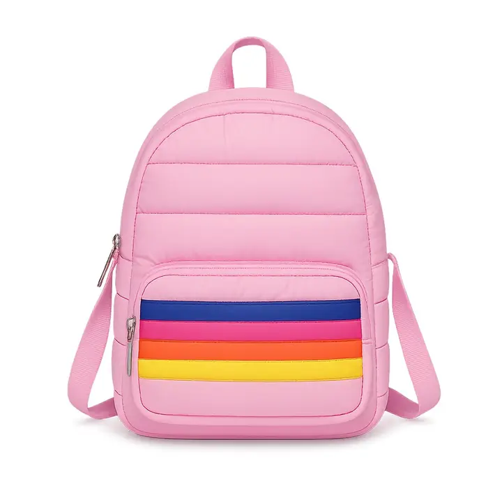 MINI BACKPACK-PINK PUFFER WITH RETRO STRAPS