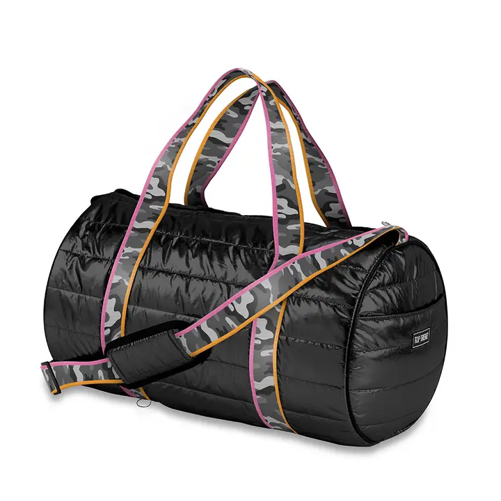 DUFFLE BAG-BLACK PUFFER GREY CAMO STRIPE STRAPS