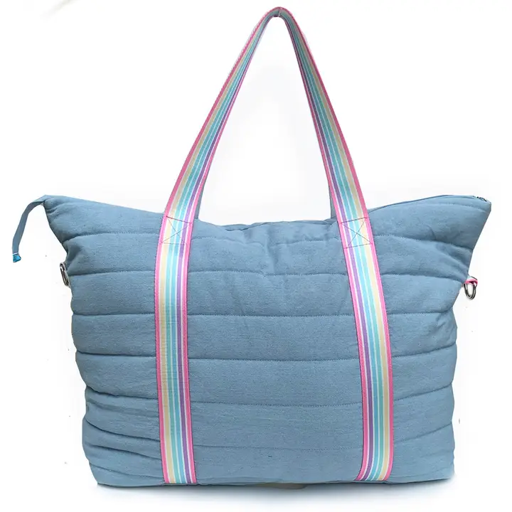 DENIM PUFFER TOTE CANDY STRIPE STRAP