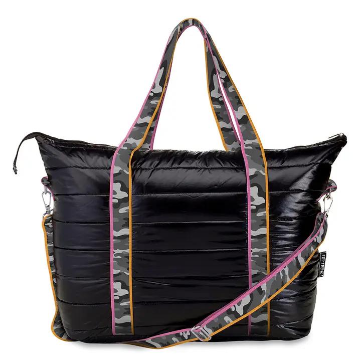 TOTE BAG-BLACK PUFFER GREY CAMO STRIPE STRAPS