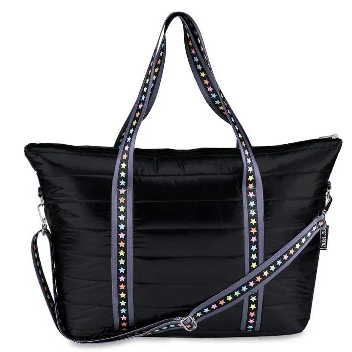 BLACK PUFFER TOTE MULTI STAR STRAP