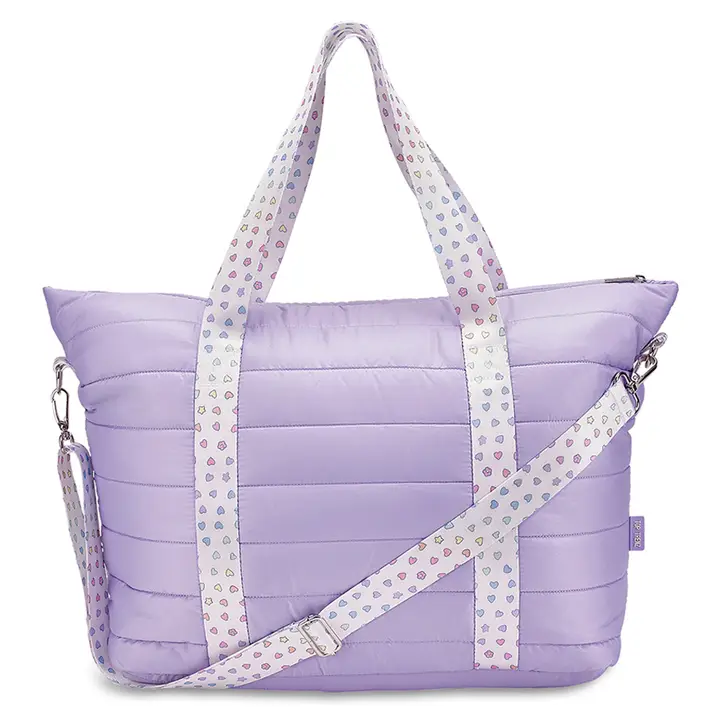 TOTE WEEKENDER BAG-PURPLE PUFFER WITH RAINBOW HEART STRAP