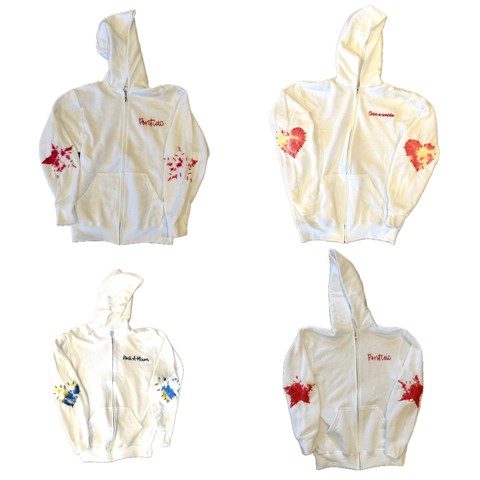 WHITE ZIP HOODED SWEATSHIRT W/ EMBRODIERED HEART ELBOW PATCHES  (CUSTOM)
