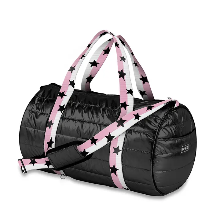 BLACK PUFFER DUFFLE BAG PINK WHITE SPLT STRAP