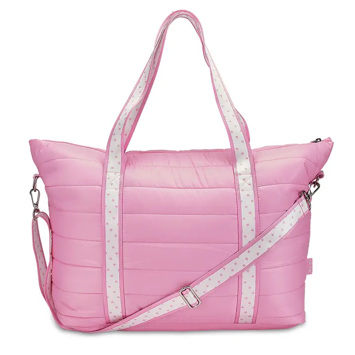 TOTE WEEKENDER BAG-PINK PUFFER WITH HEART STRAP